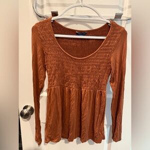 American Eagle Outfitters Brown Long Sleeve Smocked Peplum Blouse